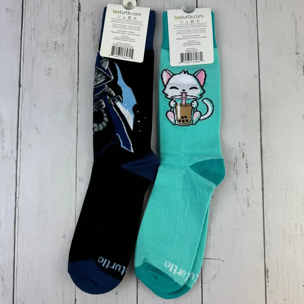2-NWT Teeturtle Shadow Claw Cat Boba Tea Crew Socks Gift Stocking Stuffer